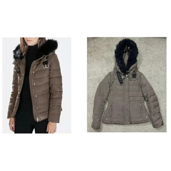 ZARA Faux Fur Hooded PUFFER DOWN Parka Anorak Jacket Medium Outdoor Hike Travel - Picture 1 of 13